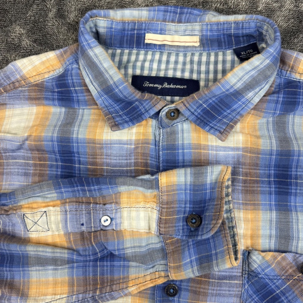 Tommy Bahama Button Down Mens XL Blue Orange Plaid Cotton Long Sleeve Shirt